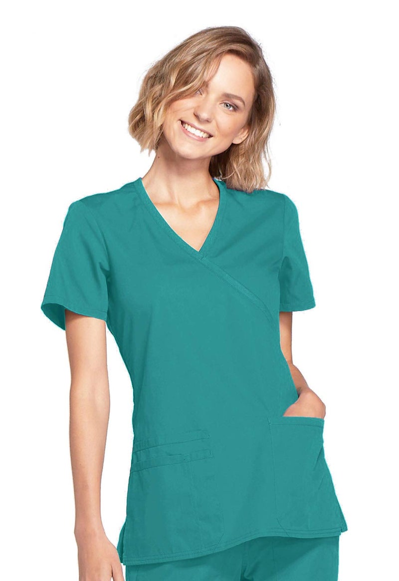 Cherokee Women's Workwear Core Stretch Mock Wrap Scrubs Shirt, Teal Blue, Small - Image 1